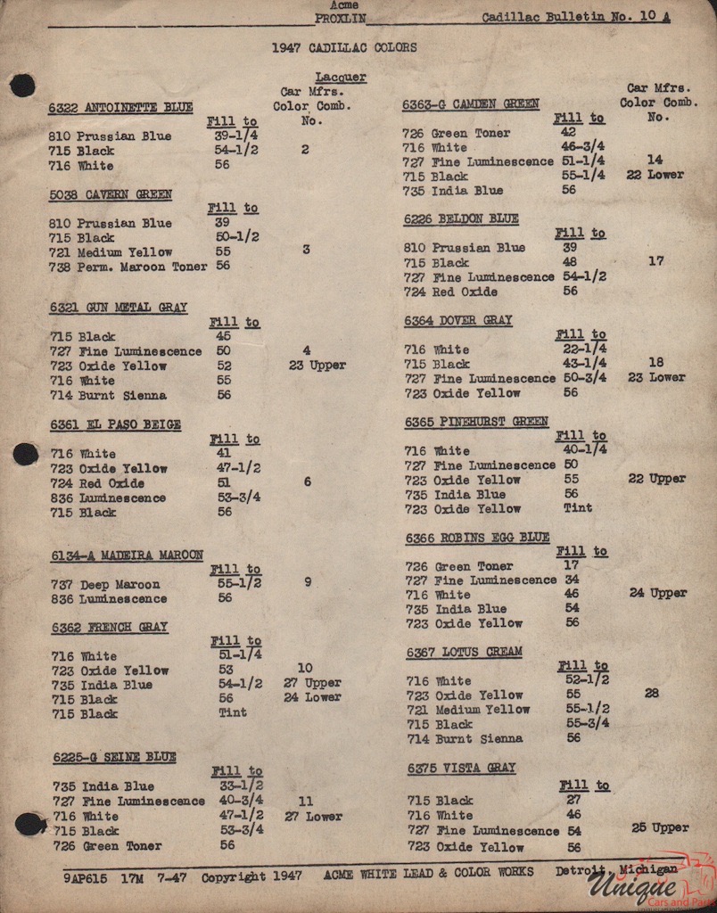 1947 Cadillac Paint Charts Acme 3